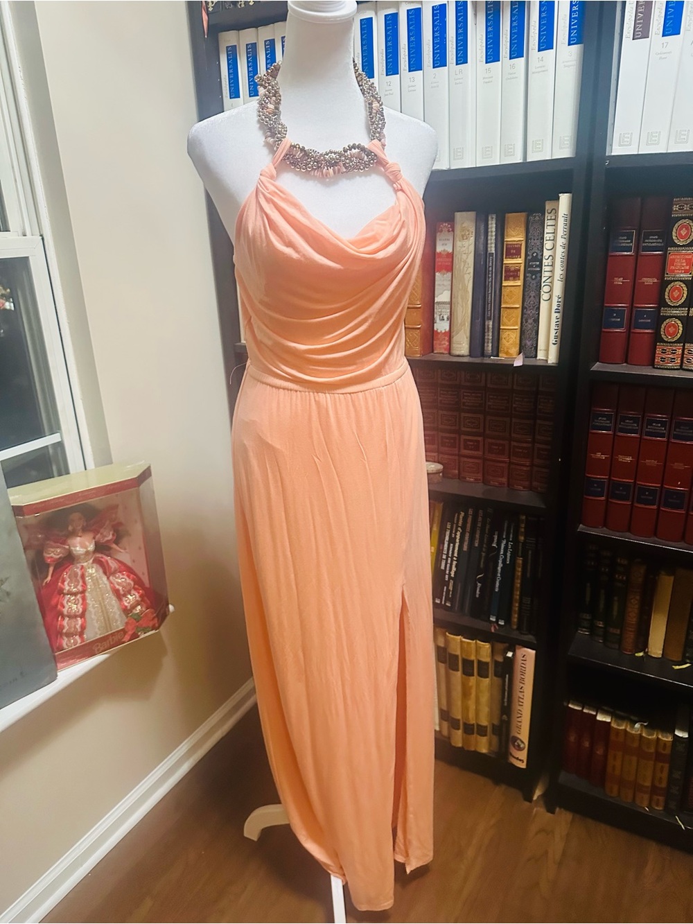 NWT Bebe Elegant coral Peach Halter Draped Evening Dress with side slit XS